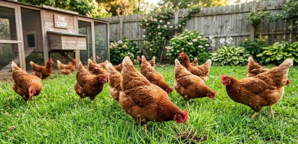 A flock of free-range brown chickens pecking and eating young green Bermuda grass shoots in a backyard.