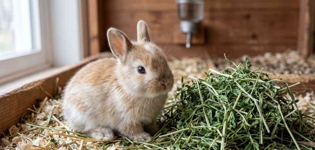 A tiny baby rabbit sitting next to a pile of green alfalfa hay.