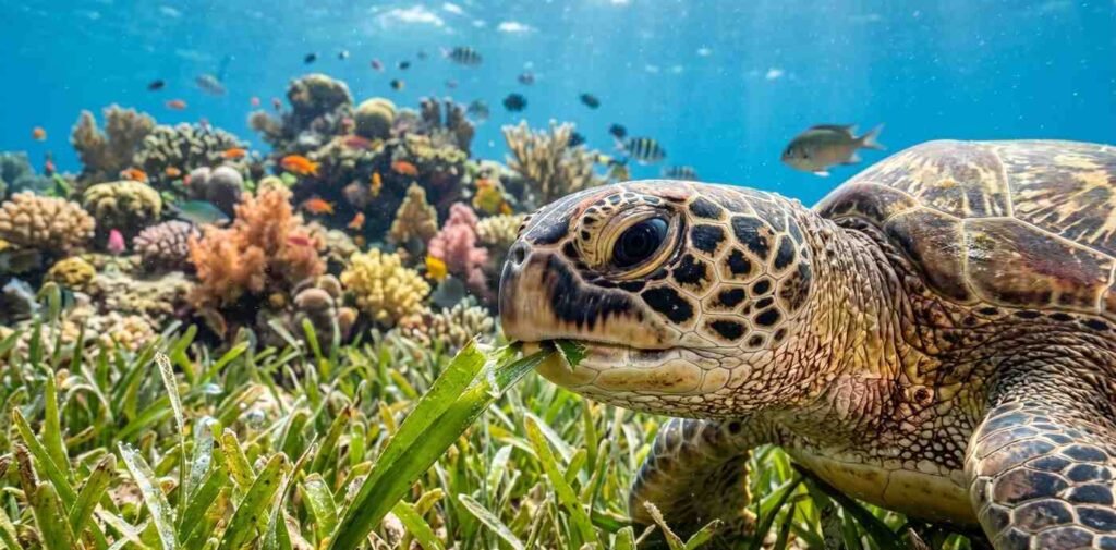 A close-up of a Green Sea Turtle taking a bite out of a blade of seagrass with coral reefs in the background.