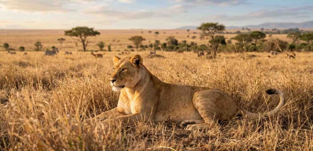 A female lion resting in the dry, golden grass of the African savanna.