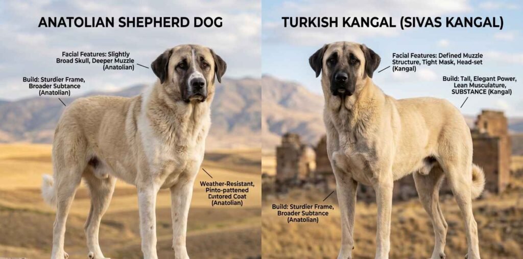 Anatolian Shepherd vs Turkish Kangal side by side comparison of slight changes in face features and build