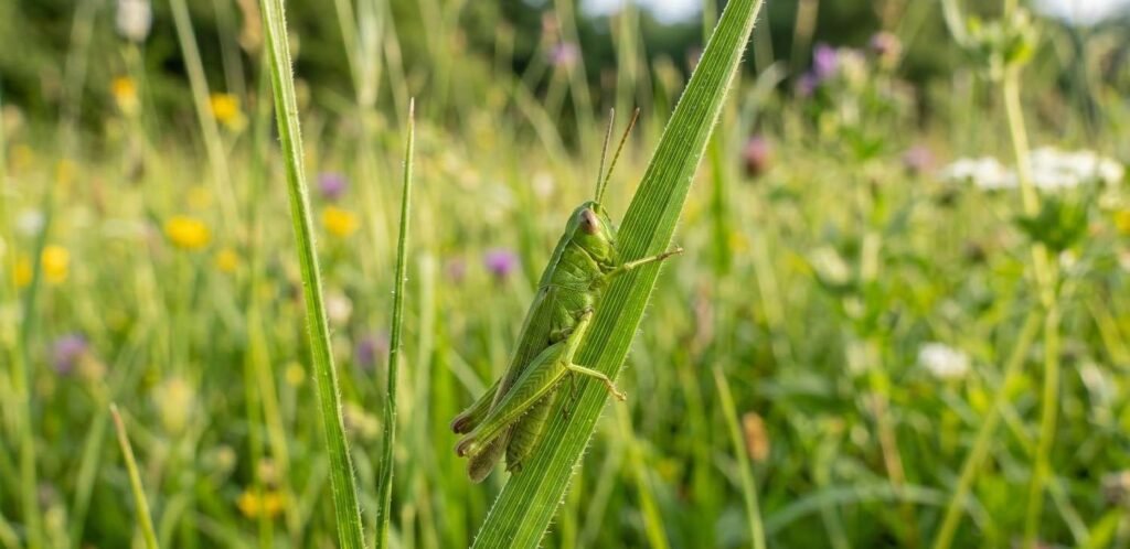 [Alt Text: A green grasshopper camouflaged on a blade of tall green grass.