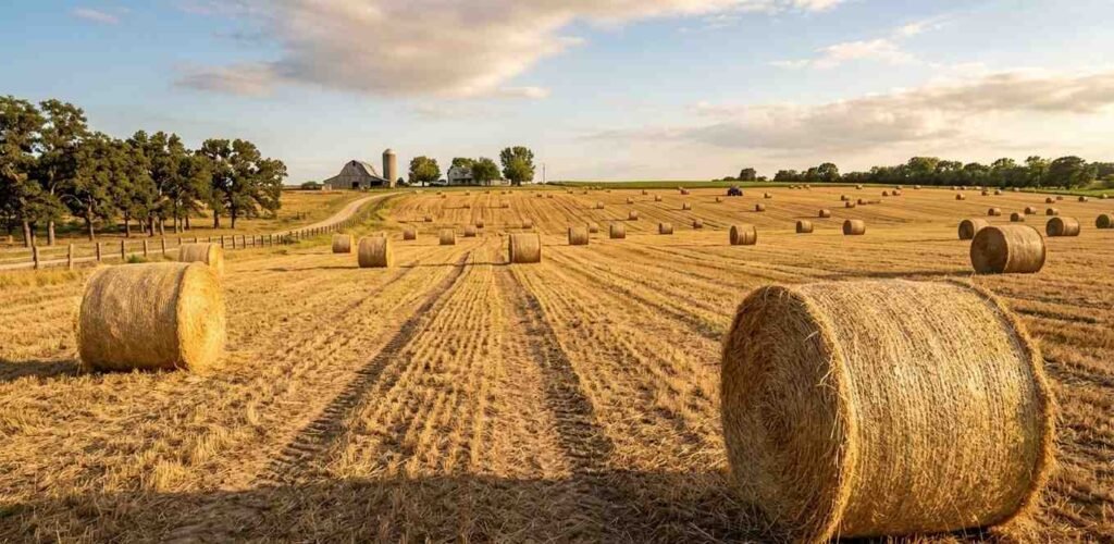 Large round bales of golden Bermuda grass hay sitting in a recently harvested agricultural field.