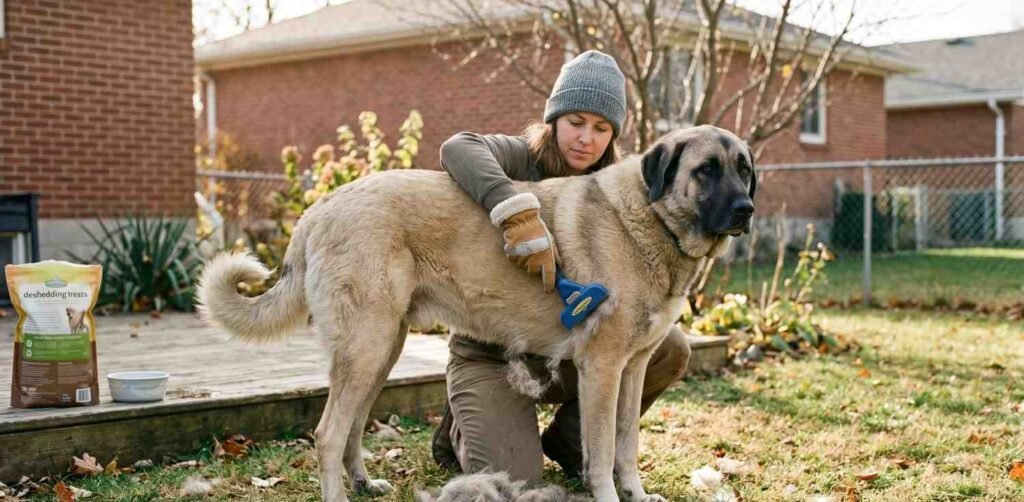 Dog owner using a deshedding tool on thick coat of Anatolian Shepherd outside