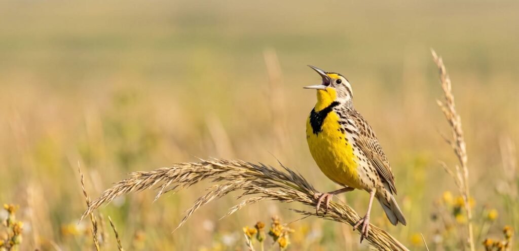 An eastern meadowlark singing while perched on a sturdy stalk of prairie grass.