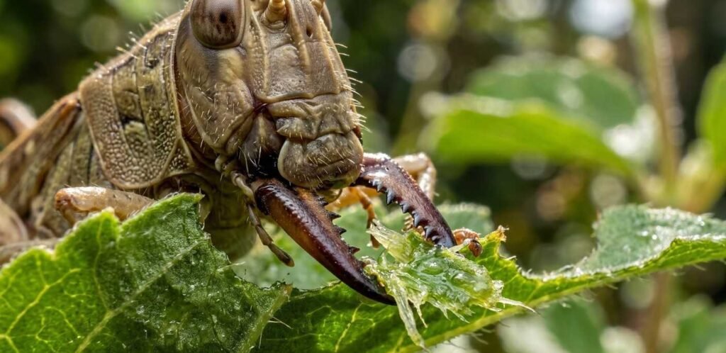 Close up of a grasshopper mouthpart and mandibles chewing on a green leaf.