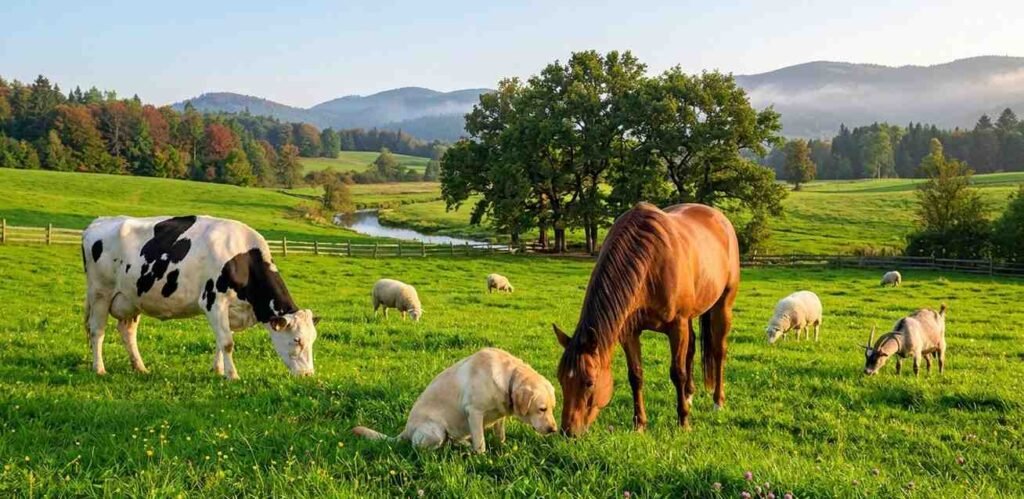 A diverse group of animals, including a dog, a horse, and a cow, grazing peacefully on a vibrant, green pasture
