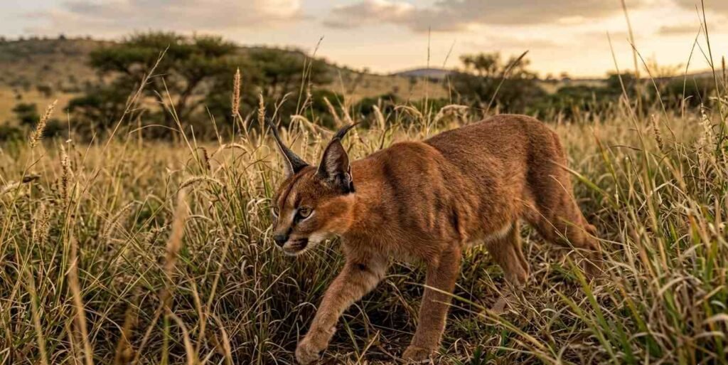 Wild cat hunting in grass