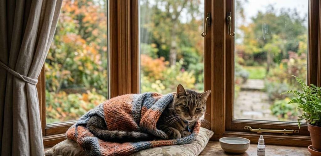 Sick cat resting near window