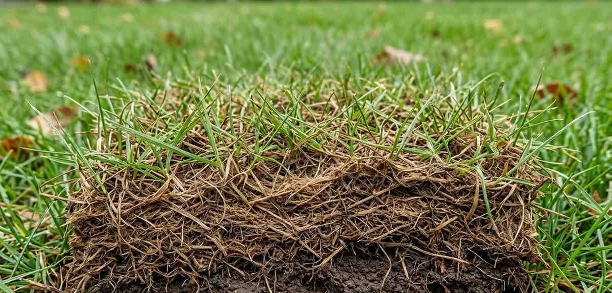 lawn showing a thick, spongy layer of brown thatch sitting