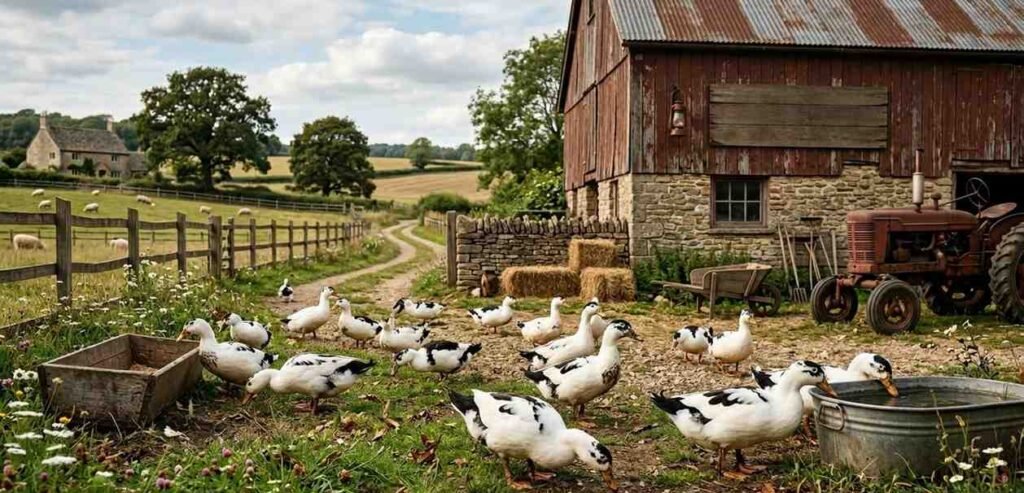 Vintage style farm setting with Magpie ducks foraging