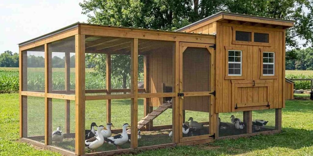 Secure wooden duck coop with hardware cloth fencing