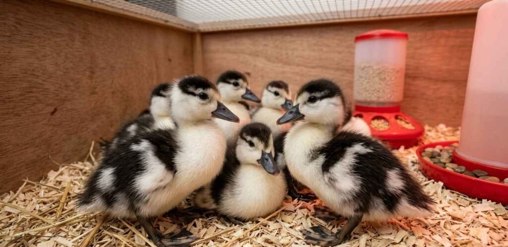 Fluffy black and white Magpie ducklings in brooder