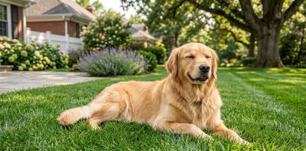 A happy golden retriever laying down and relaxing on a freshly mowed, pet-friendly Tall Fescue lawn