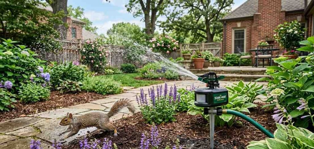 A motion-activated sprinkler set up in a green residential garden to humanely deter wildlife from digging.