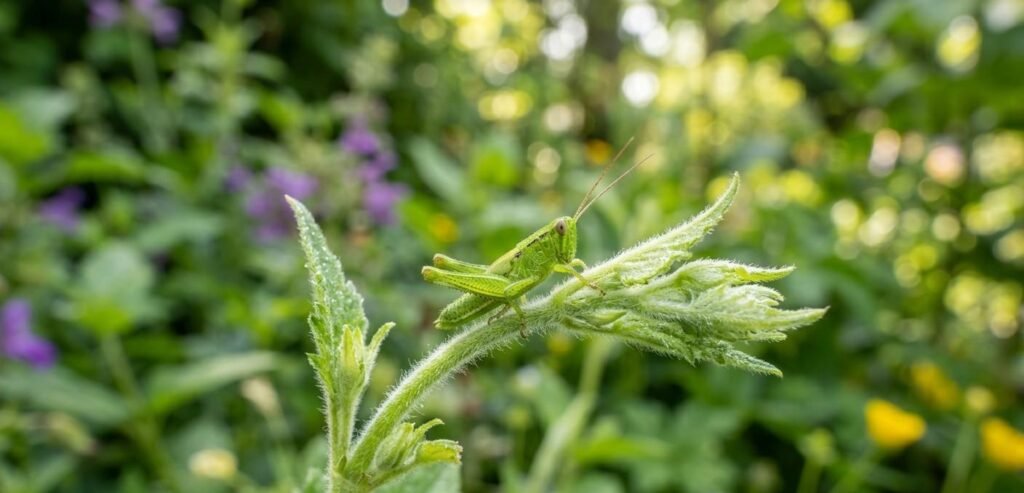A tiny green grasshopper nymph resting on a soft new plant shoot in the garden.