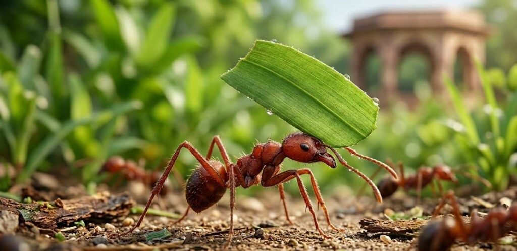 A macro photograph of a red leafcutter ant carrying a large green piece of grass over its head