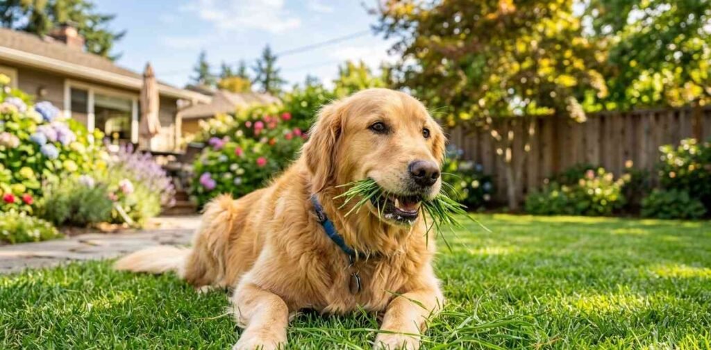 A golden retriever happily chewing on fresh green grass in a sunny backyard.