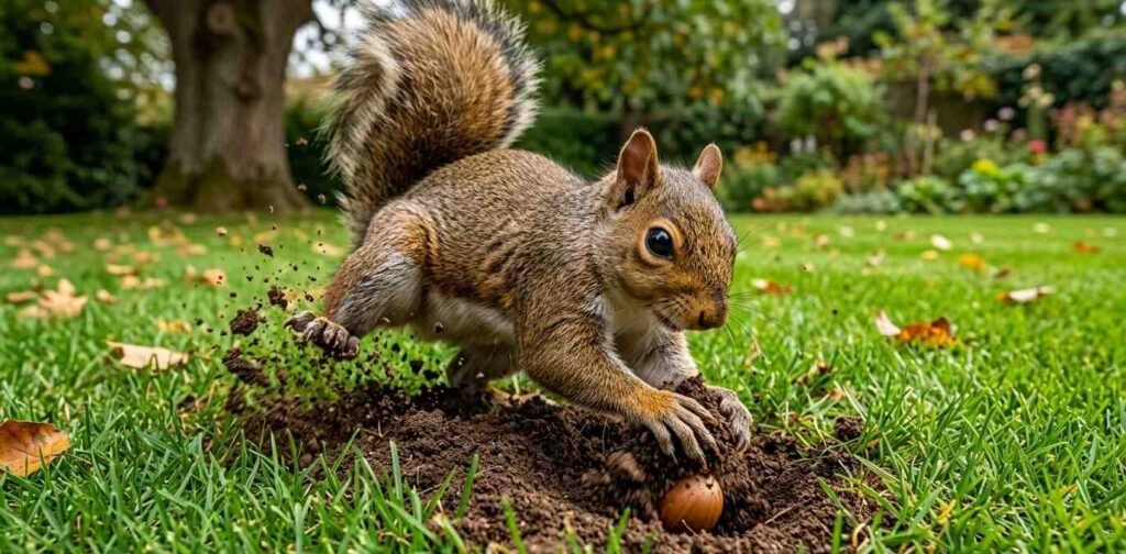 A brown squirrel forcefully digging into a manicured green lawn to bury an acorn for the winter.