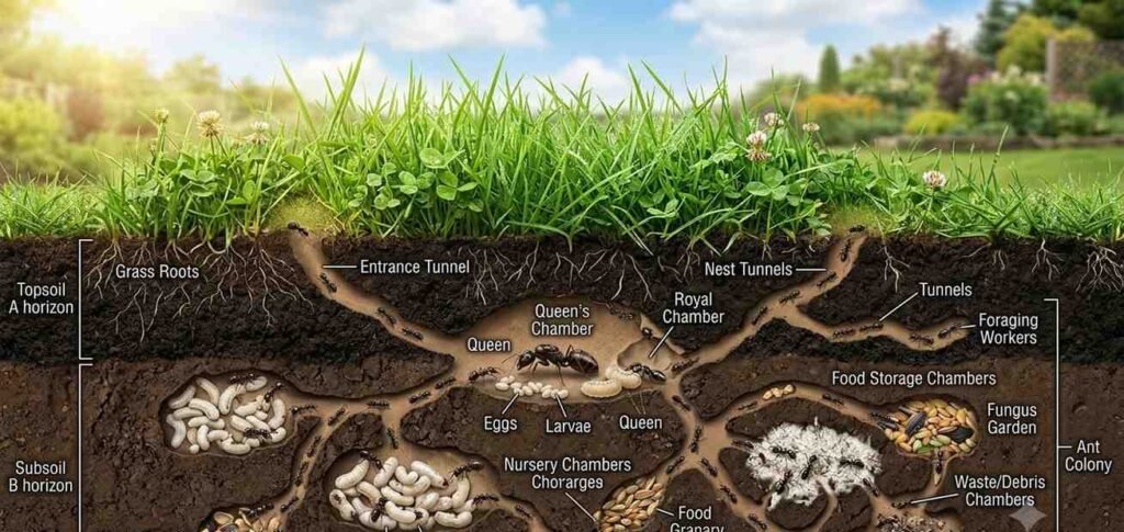 A cross-section diagram showing a complex underground ant nest beneath a healthy green lawn