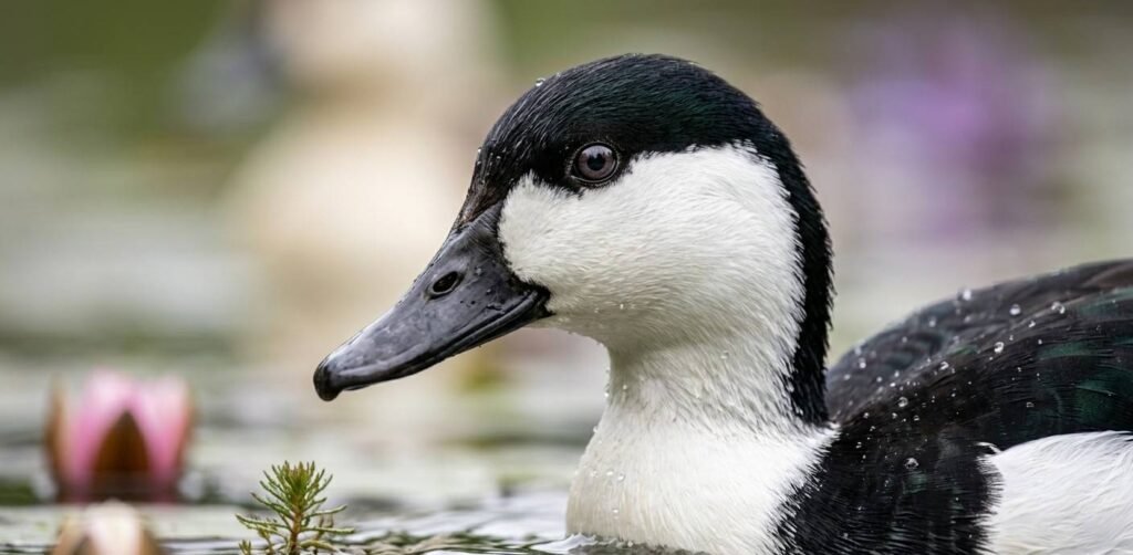 Beautiful black and white Magpie duck near a pond