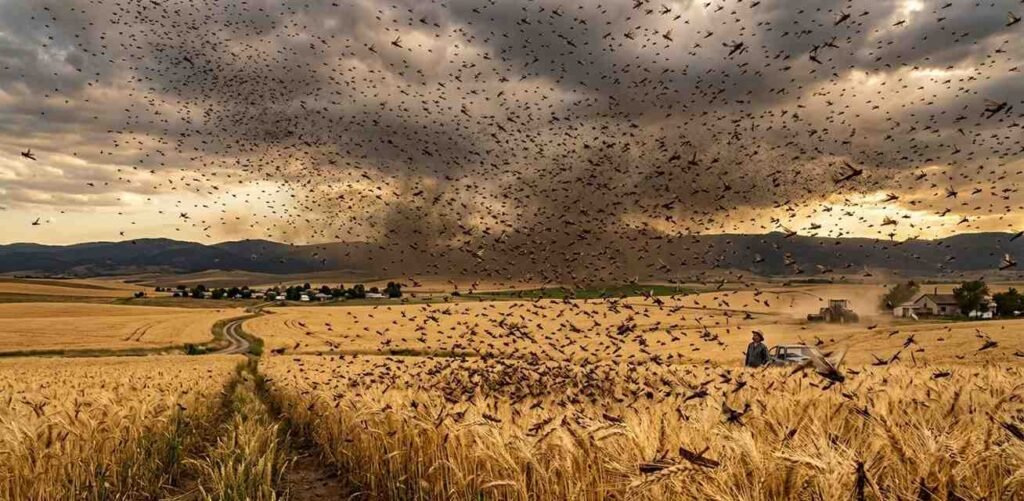 A massive swarm of flying locusts descending over a vast field of wheat crops.]