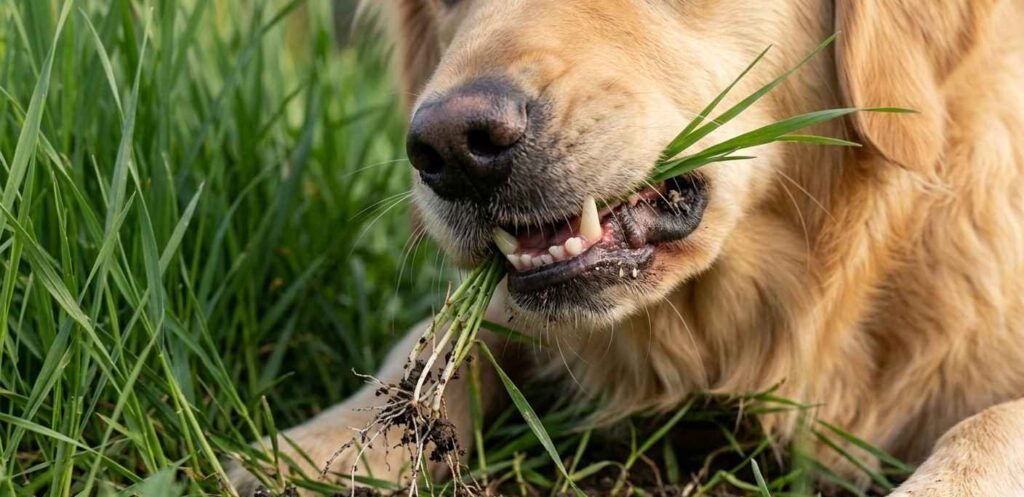 Close up view of a dog's mouth gently pulling blades of tall green grass from the soil.