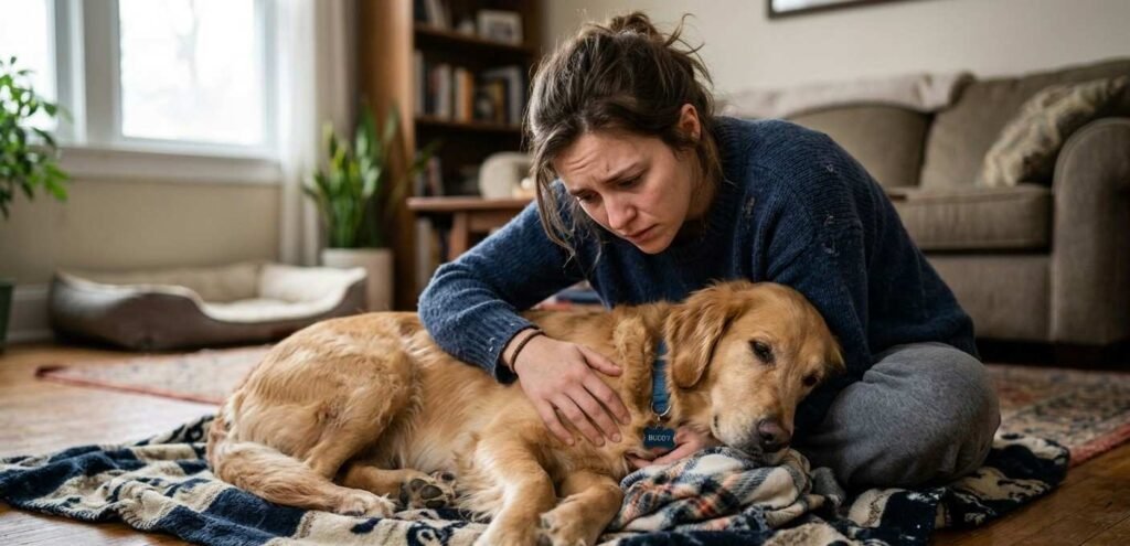A worried dog owner sitting on the floor comforting a sick dog that looks lethargic.