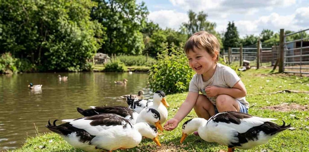 Child happily feeding treats to Magpie ducks