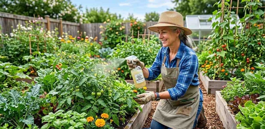 A gardener using a spray bottle to apply natural garlic pest repellent on garden plants.
