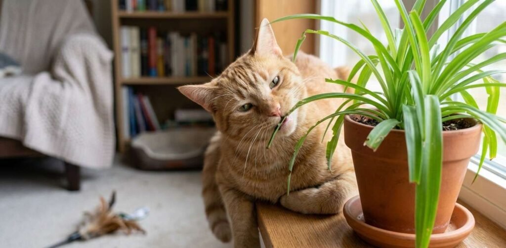 Bored indoor cat chewing plant