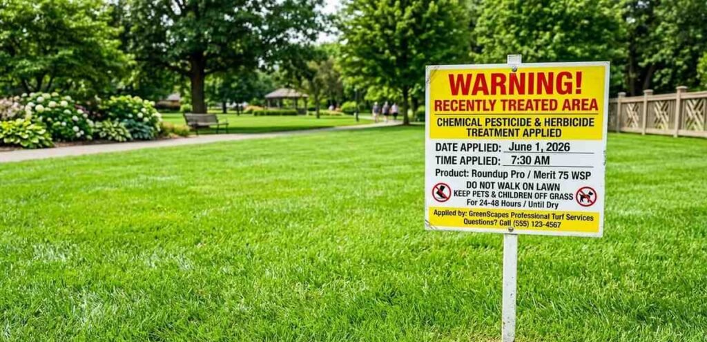A warning sign on a pristine green lawn indicating recent chemical pesticide and herbicide treatment.