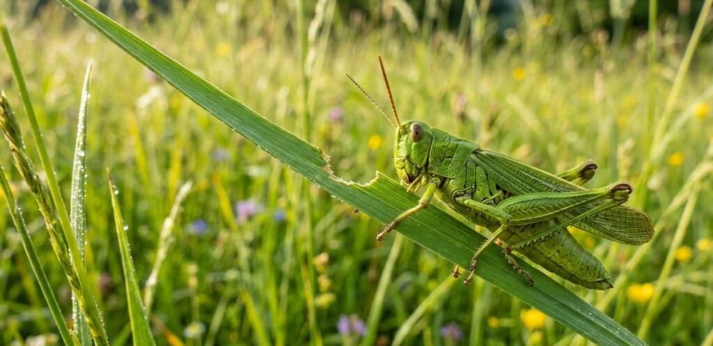 A vibrant green grasshopper sitting on a blade of tall grass eating the edges.