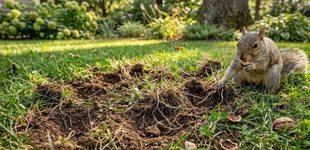 A patch of lawn showing shallow digging marks and exposed grass roots left behind by a foraging squirrel.