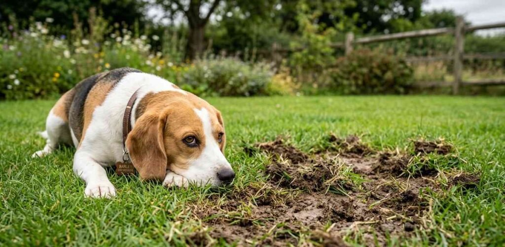 A sad-looking beagle lying in the grass staring blankly at a chewed-up lawn patch.