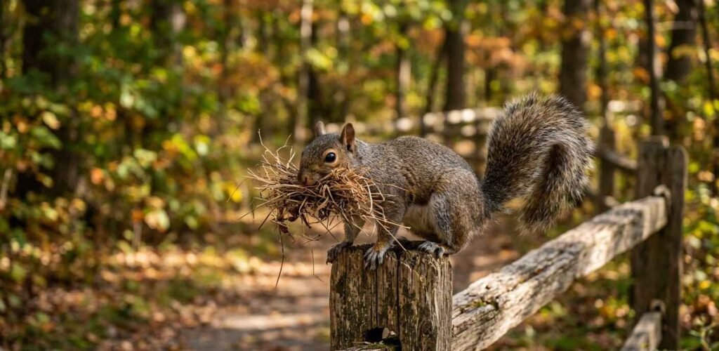 A squirrel perched on a wooden fence carrying a large bundle of dry brown grass in its mouth for nesting.