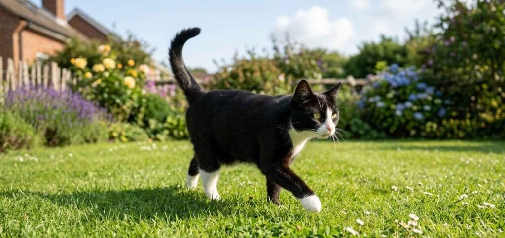 Cat walking on green lawn